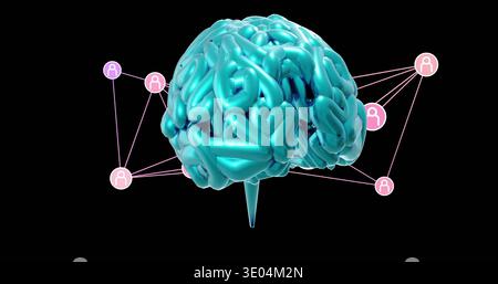 Floating glossy teal 3D brain model hovering in studio-style black void, with pink network nodes Stock Photo