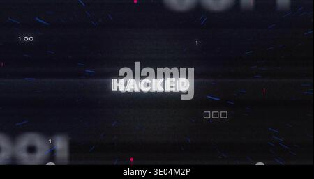 Displaying bold white HACKED text on digital screen, with scanlines, glyphs, magenta dots, UI icons Stock Photo