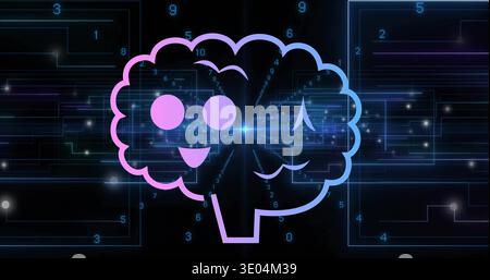 Glowing neon-gradient brain icon pulsing on dark circuitry backdrop, showing lens flare, two faces Stock Photo