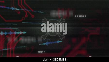 Displaying ghosted skull-and-crossbones icon floating over corrupted GUI with red circuit traces Stock Photo