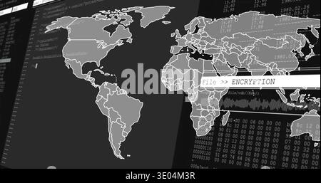 Displaying stylized world map on operations dashboard, showing File  ENCRYPTION bar, code panels Stock Photo