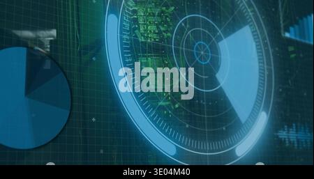 Displaying circular radar HUD showing concentric rings, crosshair on console, pie chart left Stock Photo