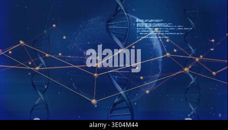 Displaying central genomics visual with 3D DNA helix, dotted globe and orange nodes in blue field Stock Photo