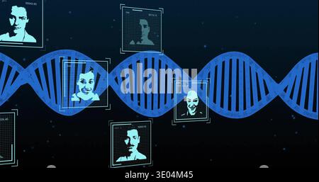 Displaying large blue DNA helix across dashboard, showing framed portraits with detection boxes Stock Photo
