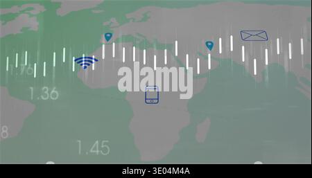 Displaying center vertical bar data on digital dashboard, world map, numbers, connectivity icons Stock Photo