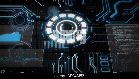 Displaying central circular HUD with concentric rings and radial ticks on dark grid, code panel Stock Photo