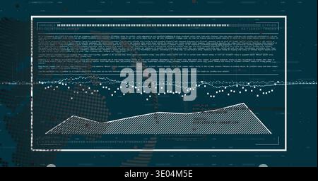 Displaying white-framed data panel on dark teal HUD, showing hatched area, dotted line, code text Stock Photo