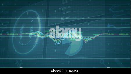 Displaying multicolor waveform crossing teal grid on HUD showing numeric labels and ring schematic Stock Photo