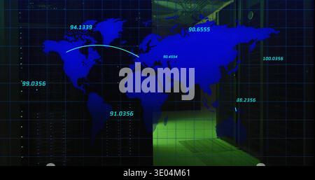 Projecting blue world map on teal grid in control hub, displaying cyan metrics, arc, green corridor Stock Photo