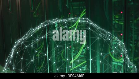 Projecting translucent 3D mesh dome over server racks and green cables in server room, with LEDs Stock Photo
