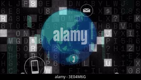 Rotating stylized globe hovering in virtual interface, showing mail phone gauge, alphanumeric grid Stock Photo