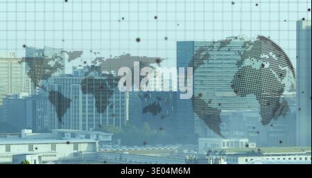 Displaying dotted globe decal on glass pane with safety grid at office window, obscuring skyline Stock Photo