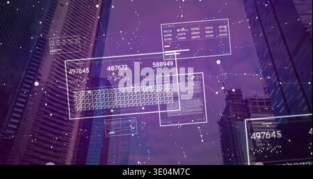 Vertical video: Streaming central overlay drifting over downtown skyline, showing HUD panels Stock Photo