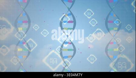 Displaying centered DNA helix glowing over soft blue grid, with colored bases and 5G diamonds Stock Photo