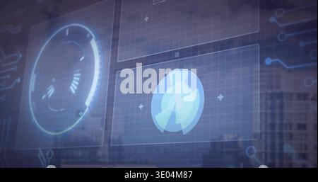 Displaying AR HUD on glass in office with left dial, center-right radar, grid panels, circuits Stock Photo