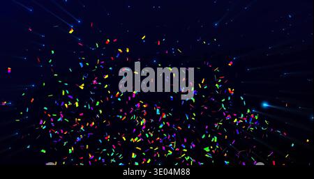 Swirling rectangular confetti forming dense cloud at navy backdrop, with glow and blue streaks Stock Photo