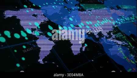 Displaying world map silhouette glowing on dark dashboard, with grid, teal dots, tickers, charts Stock Photo