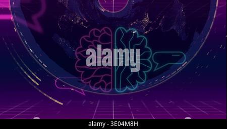 Displaying centered neon split-brain icon in virtual control space, featuring 'AI' chip, globe, HUD Stock Photo