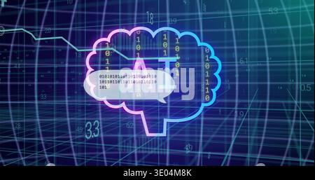 Glowing neon brain AI icon floating over 3D grid streaming binary digits showing speech bubble Stock Photo