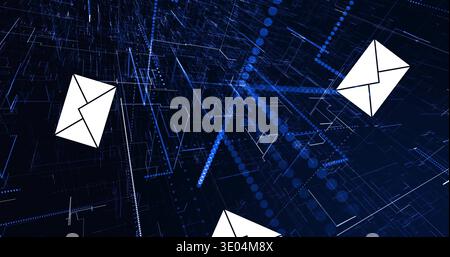Floating three white envelope icons above navy-blue digital grid, with dotted lines and blue nodes Stock Photo