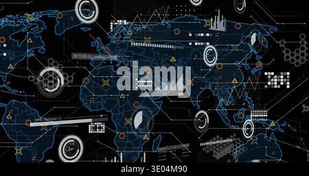 Displaying stylized world map with neon-blue contours on control-room dashboard, showing HUD rings Stock Photo