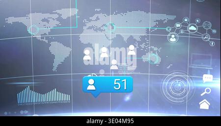 Displaying blue notification callout badge 51 over dashboard, showing dotted world map and nodes Stock Photo