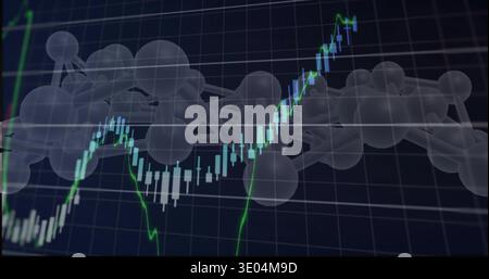 Displaying candlestick and bright green line chart on dark grid with 3D molecular model overlay Stock Photo