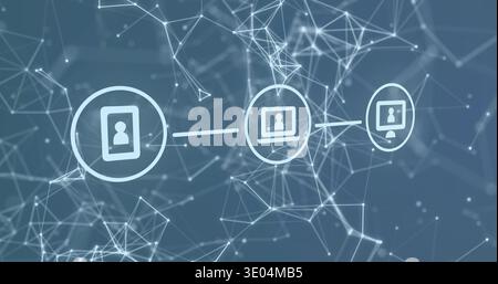 Displaying centered row of tablet laptop desktop icons joining via lines on blue-gray mesh, glowing Stock Photo