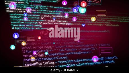 Displaying glowing code text and floating avatar icons over maroon-purple backdrop, with connectors Stock Photo