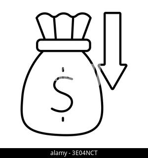 Inflation sign. Sack pictogram with dollar sign and arrow down. Symbol of money depreciation vector linear illustration. Stock Vector