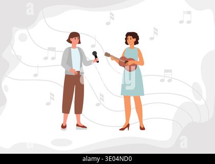 Talent competition. Young woman in blue dress plays ukulele. Woman host of competition holds microphone. Vector illustration. Stock Vector