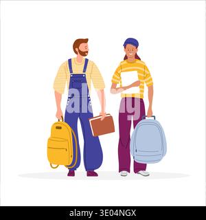 Young students man and woman with huge backpacks at study with books and notebooks. Doodle vector illustration. Study motivation Stock Vector