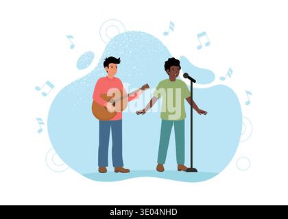 Music Duo on stage. Black man sings at microphone, guitarist accompanies him. Vector illustration on blue background. Stock Vector
