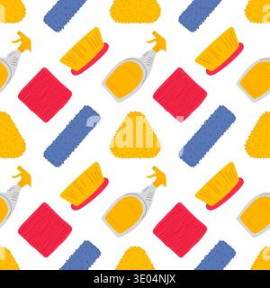 Seamless pattern with wipes and cleaning solution: spray bottle and wipes. Repeating background for wallpapers, packaging. Stock Vector