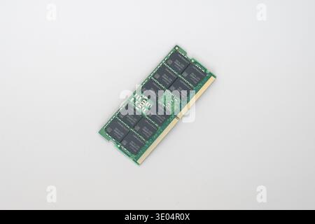 Close-up of a green DDR5 ECC RAM memory module with gold contacts, featuring SK hynix chips, isolated on white background. Stock Photo