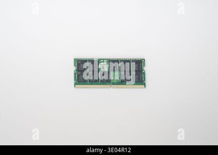 Close-up of a green DDR5 ECC RAM stick with SK hynix chips, isolated on white for tech and electronics stock photography. Stock Photo