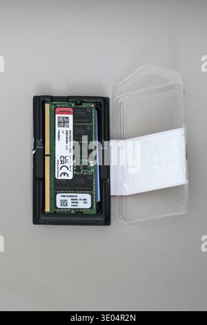 Close-up of a Kingstor DDR5 ECC RAM stick with SK hynix chips, displayed in open plastic case on neutral background Stock Photo