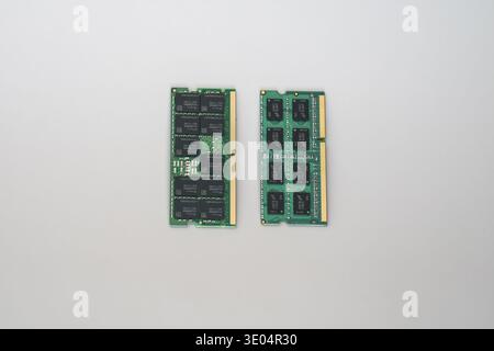 Two computer memory modules, one DDR5 ECC and one DDR3, displayed against a clean white background for technical comparison. Stock Photo
