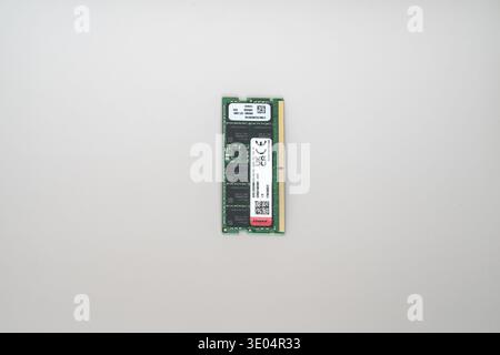 Close-up of a green DDR5 ECC server memory module with SK hynix chips and Kingport branding, isolated on white background. Stock Photo