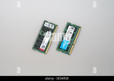 Two computer memory modules, one DDR5 ECC and one DDR3, displayed against a clean white background for technology and hardware comparison. Stock Photo