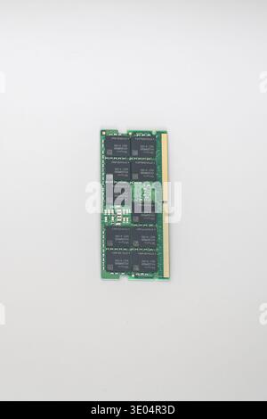 Close-up of a green DDR5 ECC RAM memory module with SK hynix chips, isolated on white background. Stock Photo