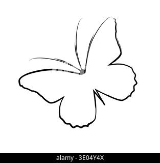 Butterfly with a brush line. Butterfly silhouette, art brush instead of body, flat vector, isolate on white, contour drawing, Hand drawn. Not AI Stock Vector