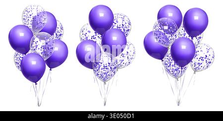 Bunch of happy birthday balloons 3d, minimal bday present. Purple confetti party decoration, vector isolated on white bg. Inflated air ball float Stock Vector