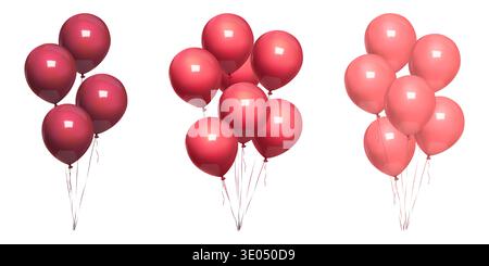 Red 3d balloon bunch float, minimal happy birthday gift. Vector realistic mockup on white bg, Party mid air decor, isolated invitation design element Stock Vector
