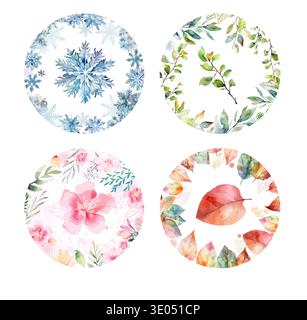 Seasons of the year round frames. Hand drawn. Not AI, vector illustration. Stock Vector