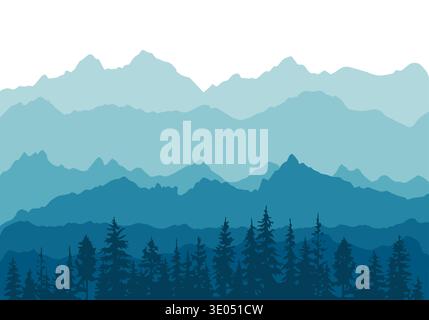 Panorama of mountain trees. Hand drawn. Not AI, vector illustration. Stock Vector
