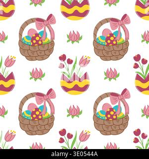 Seamless Easter pattern with decorated eggs, bows, baskets and flowers. Vector illustration perfect for wrapping Stock Vector