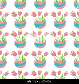 Seamless Easter pattern with decorated eggshells and flowers. Spring vector illustration perfect for wallpaper, festive decorations, wrapping paper Stock Vector