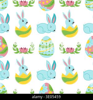 Seamless Easter pattern with decorated eggs, bunny, bunny ears and flowers. Vector illustration perfect for wrapping Stock Vector