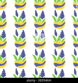 Seamless Easter pattern with decorated eggshells and flowers. Spring vector illustration perfect for wallpaper, decorations Stock Vector